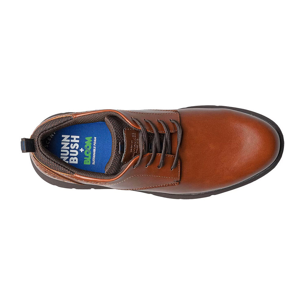 Top view of a  Nunn Bush Stance Plain Toe Oxford Cognac - Mens, featuring a blue insole and black pull tab.