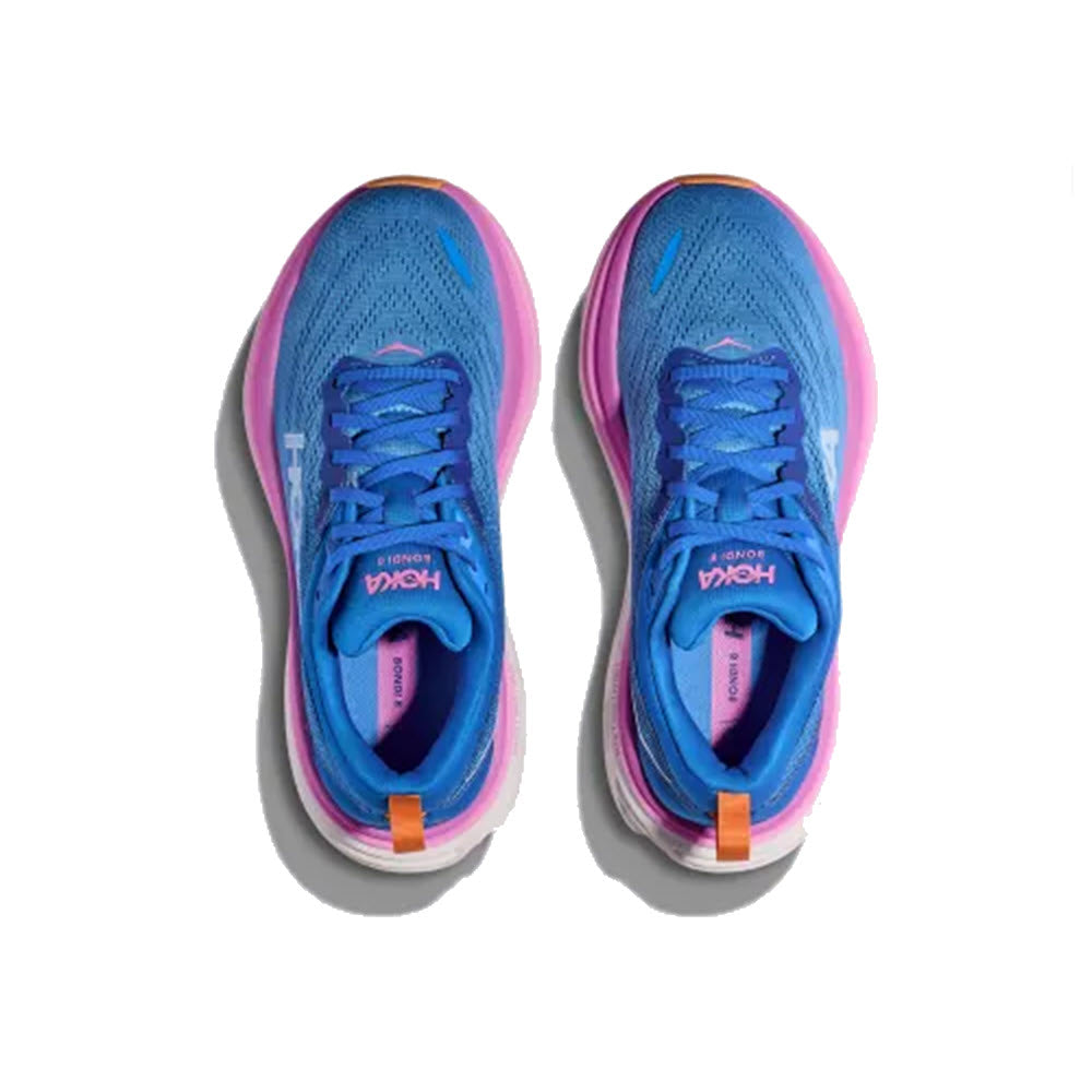 A pair of blue and pink Hoka Bondi 8 Coastal Sky/All Aboard running shoes viewed from above on a white background.