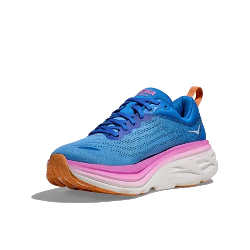Blue Hoka Bondi 8 Coastal Sky/All Aboard running shoe with a pink and white sole and an orange pull tab, displayed against a white background, featuring an ultra-cushioned design.