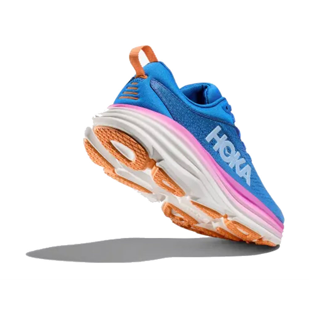 Blue and pink HOKA BONDI 8 COASTAL SKY/ALL ABOARD running shoe with white sole and orange details, displayed in mid-air with a shadow below on a white background.