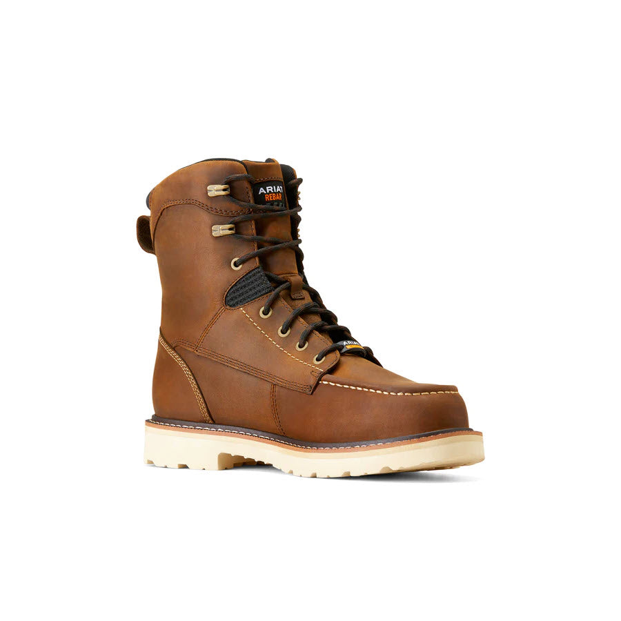 A single brown leather Ariat Safety Toe Rebar Lift H2O workboot with black laces, reinforced stitching, and DRYShield waterproof construction, isolated on a white background.
