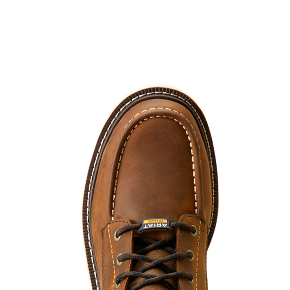 Top view of an Ariat Safety Toe Rebar Lift H2O Distressed Brown workboot with dark laces, isolated on a white background.