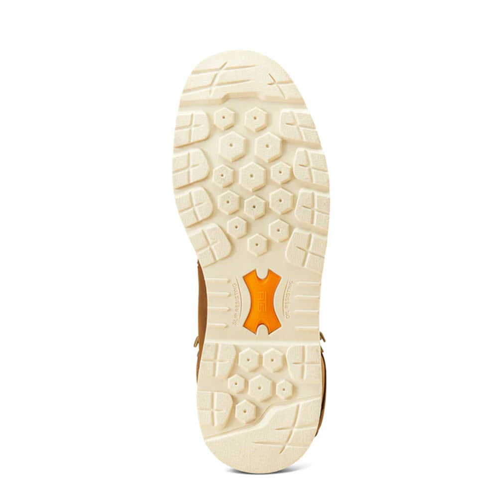 Sole of a Ariat sneaker with hexagonal treads and an orange logo at the center, featuring DRYShield waterproof construction.