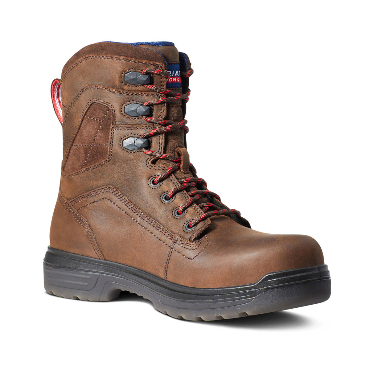 Ariat brown leather work boot with red laces and a black sole, featuring DRYShield waterproof-breathable technology, isolated on a white background.