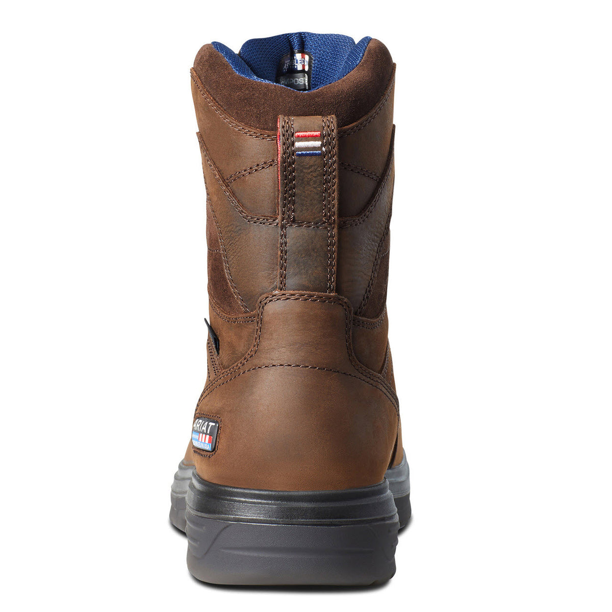 Rear view of a brown leather Ariat work boot with a blue DRYShield waterproof-breathable fabric interior, featuring a pull tab on the back and a thick, grey sole.