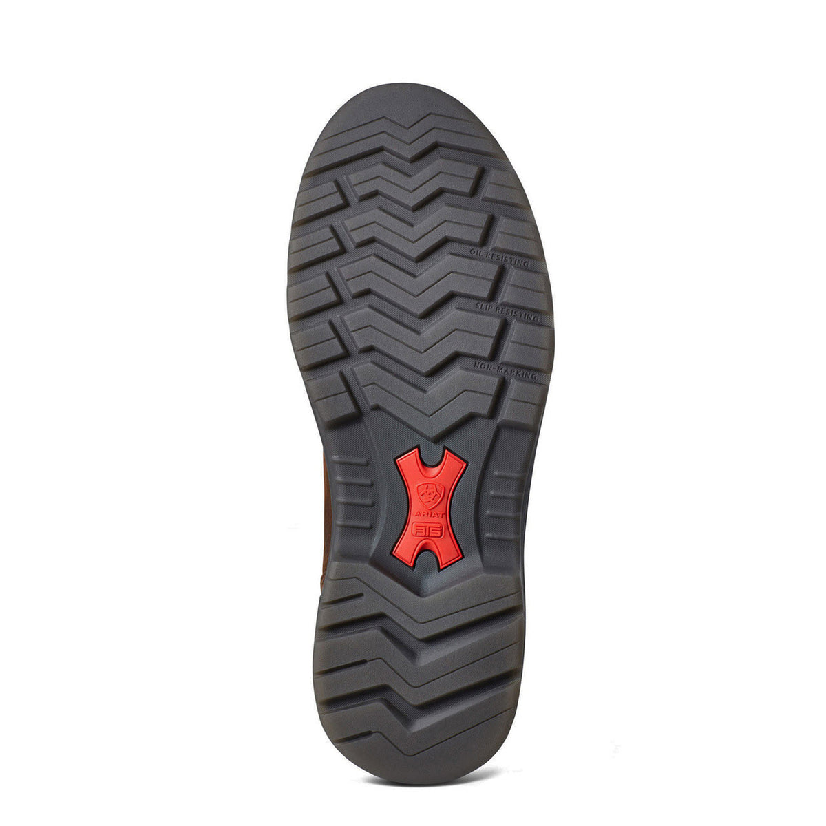 A black rubber shoe sole with a complex tread pattern and a red logo in the center featuring DRYShield waterproof-breathable technology on the Ariat Turbo USA Carbon Toe Rich Brown - Men&#39;s.