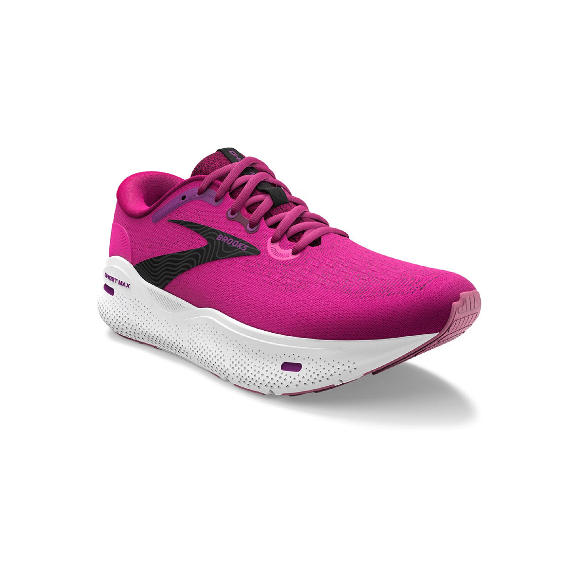 Bright pink Brooks GHOST MAX running shoe with white sole and black logo on a white background.