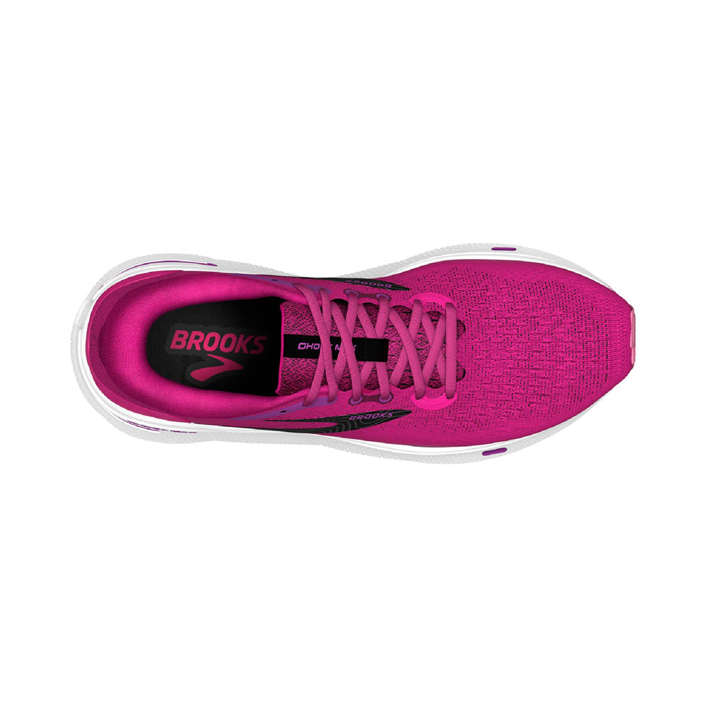 Top view of a pink Brooks Ghost Max Pink Glo/Purple/Black - Womens running shoe with white soles and laces, displaying the brand logo on the insole.