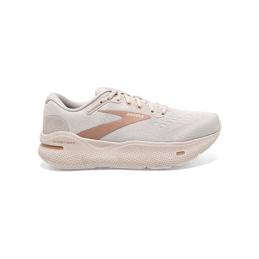 A single Brooks Ghost Max Pink Crystal/Gray running shoe, featuring DNA Loft v2 foam, in white and beige, displayed on a plain white background.