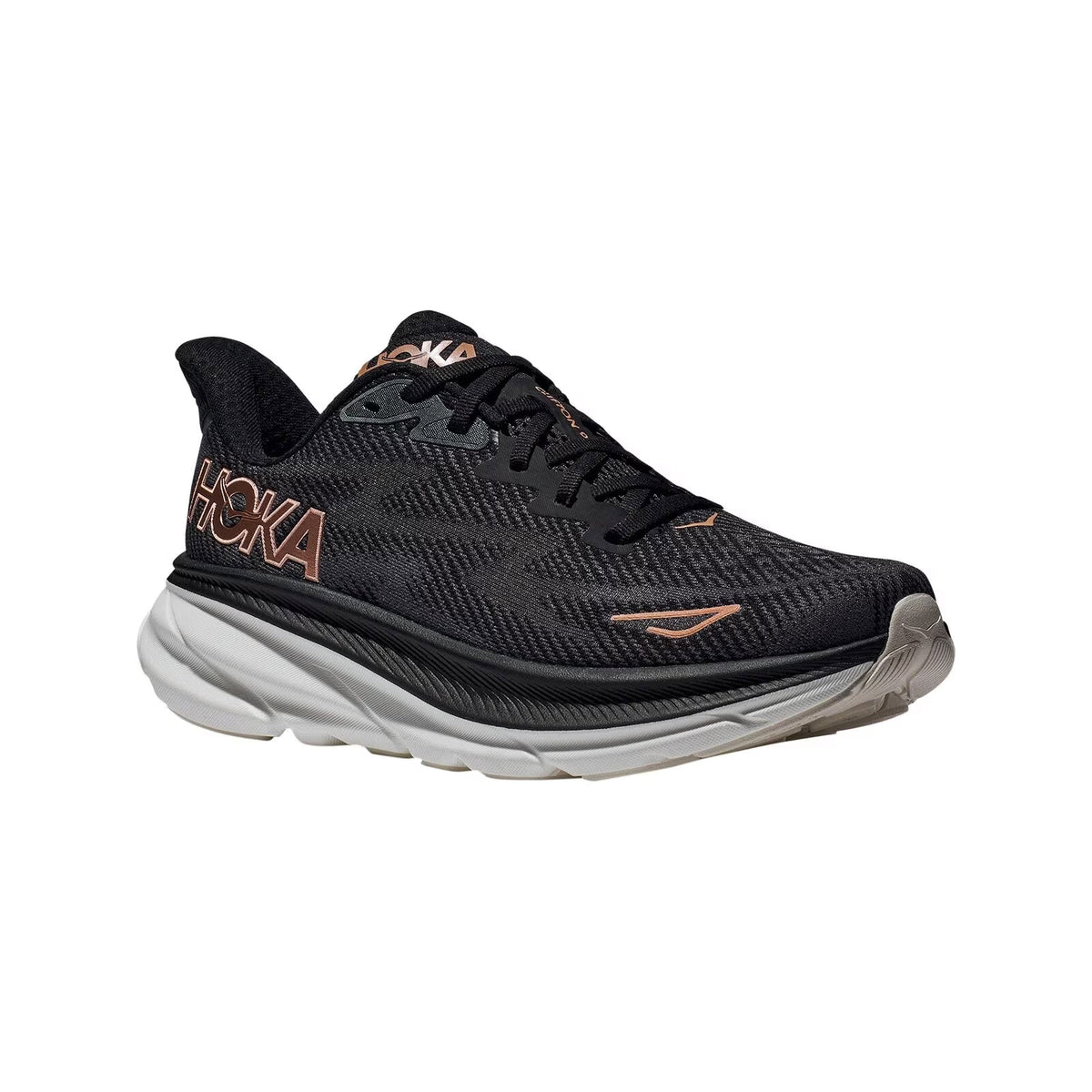 A HOKA CLIFTON 9 black and gray running shoe with a white sole, featuring the Hoka logo in copper on the side.