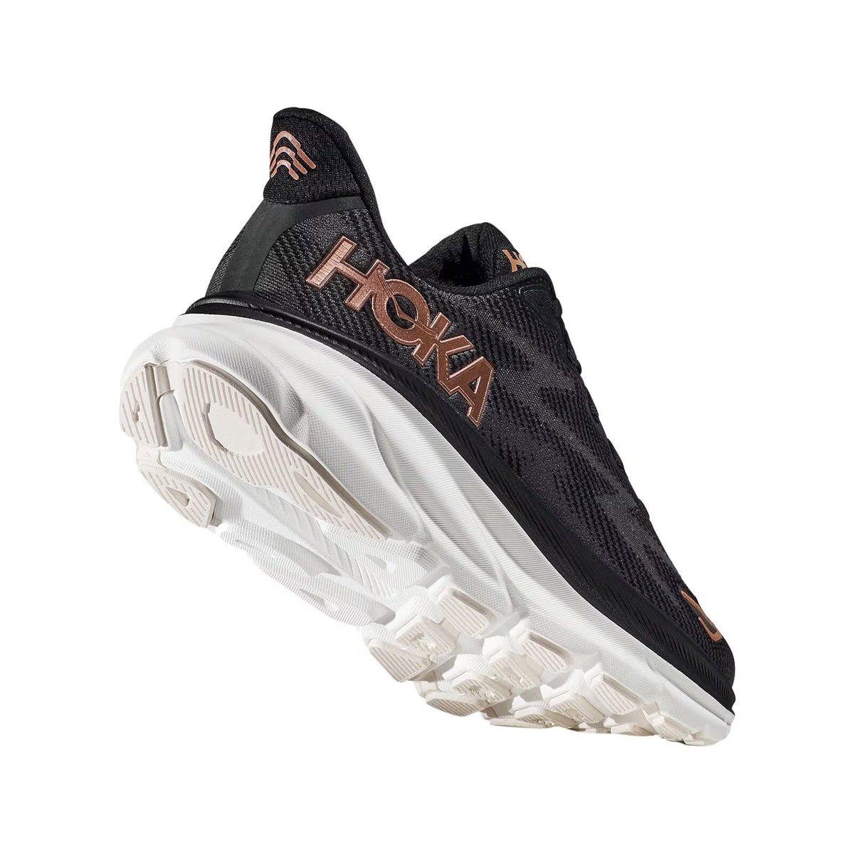 Black and white Hoka Clifton 9 running shoe with brand logo on the side and thick cushioned sole, displayed against a white background.