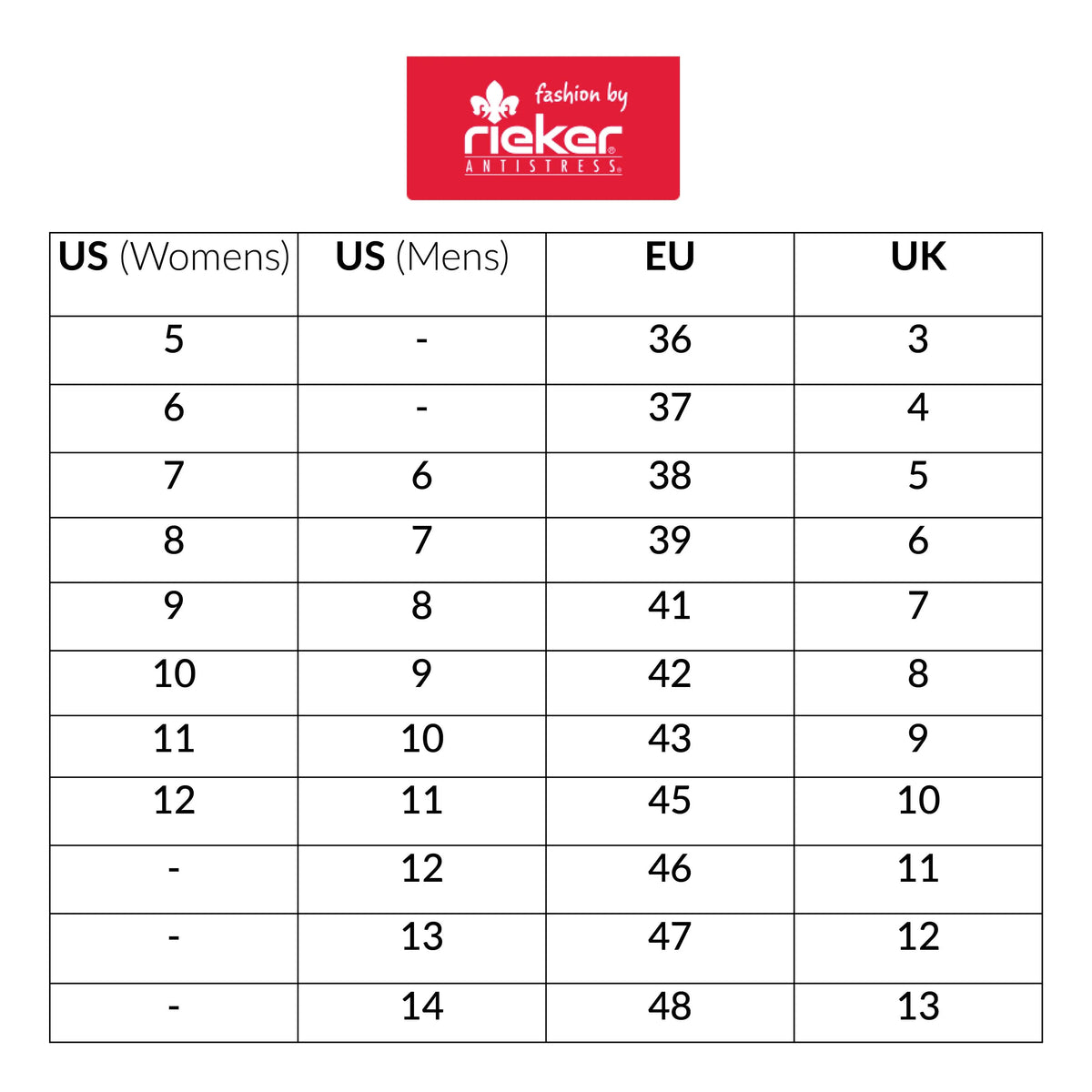 Shoe size conversion chart displaying Rieker Retro Jogger Floral Multi - Women&#39;s sizes for US women&#39;s and men&#39;s, alongside EU and UK sizes, with a Rieker logo at the top.