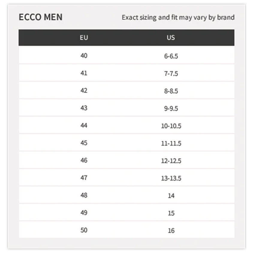 A size chart displaying the conversion of ECCO HELSINKI 2.0 APRON SLIP ON COGNAC - MENS casual shoe sizes from European to UK and US measurements, featuring FLUIDFORM™ technology.