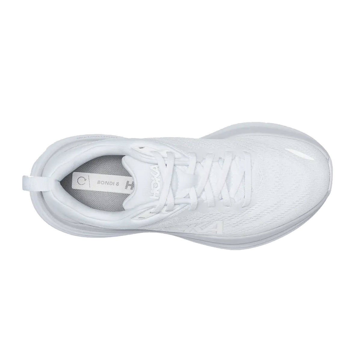 Top view of a white Hoka Bondi 8 sneaker showing the round toe profile, Hoka brand names on the insole and tongue, with visible lace loops.